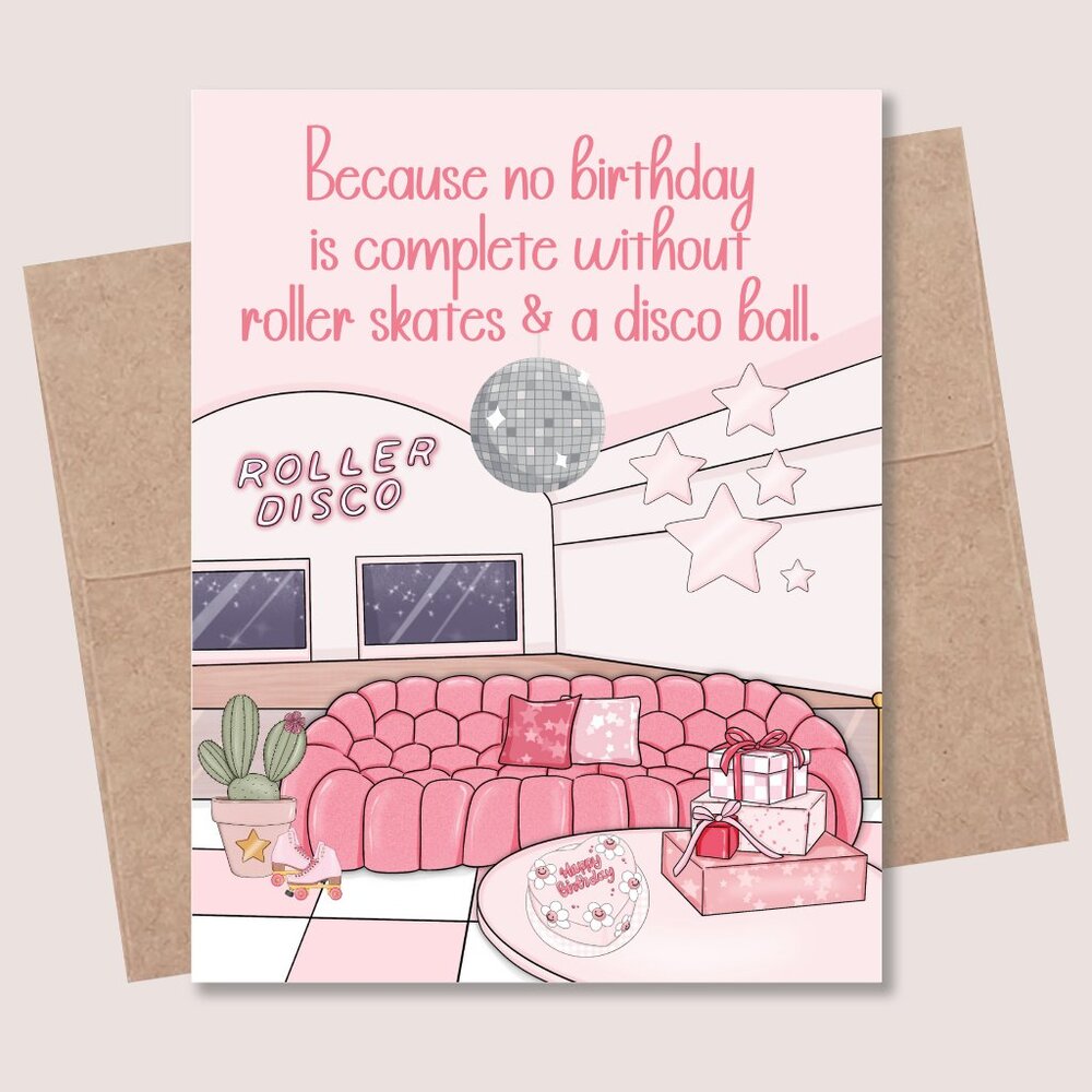 Disco Roller Skate Birthday Card,  4.25" x 5.5" Cute Birthday Card For a Friend